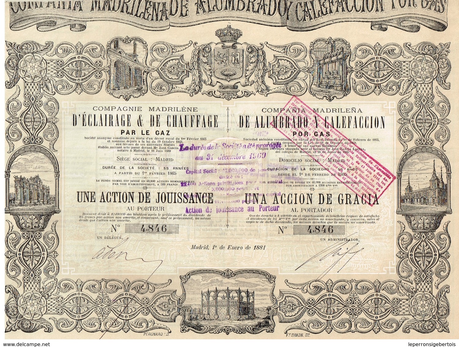 Titre Ancien - Compagnie Madrilène D'Eclairage Et De Chauffage Par Le Gaz - Titre De 1881 - Déco - Electricity & Gas