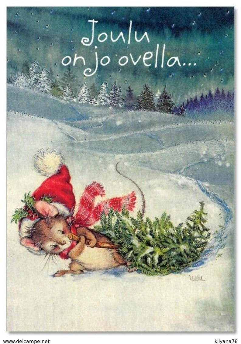 Lisi MARTIN~ MOUSE Mice Pulls The Christmas Tree Winter Forest KIDS Postcard - Autres & Non Classés