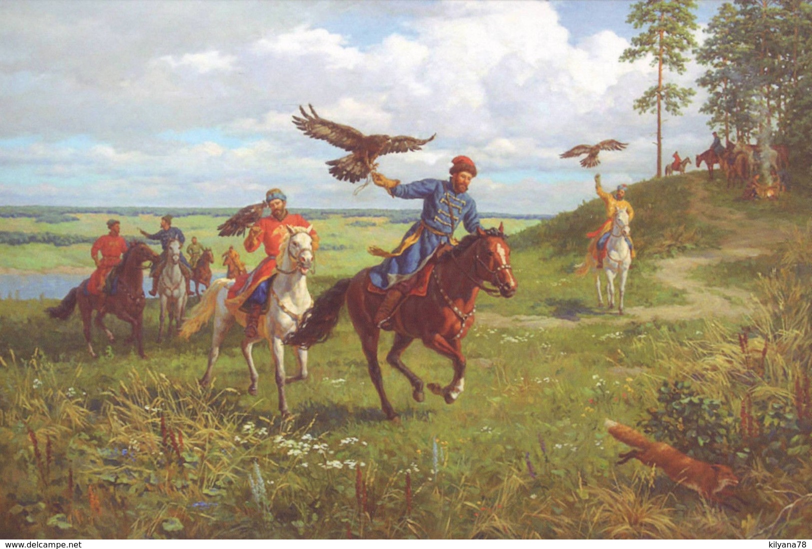 ART ~ FALCONRY Bird HUNT Hunting FALCON Horse Russian Ethnic MODERN Postcard - Europe