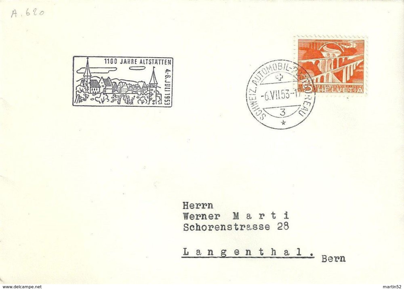 Schweiz 1953: Zu 298 Mi 530 Yv 482 Mit O 1100 JAHRE ALTSTÄTTEN (SG) 6.VII.53 AUTOMOBIL-POSTBUREAU - Lettres & Documents