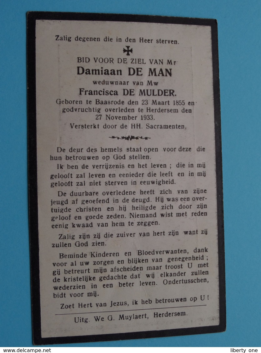 DP Damiaan DE MAN ( Francisca De Mulder ) Baasrode 23 Maart 1855 - Herdersem 27 Nov 1933 ( Zie Foto's) ! - Overlijden