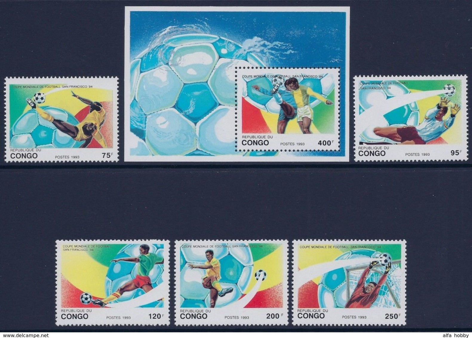 Congo  Kongo, World Cup 1994, 5 Stamps + Block - 1994 – USA