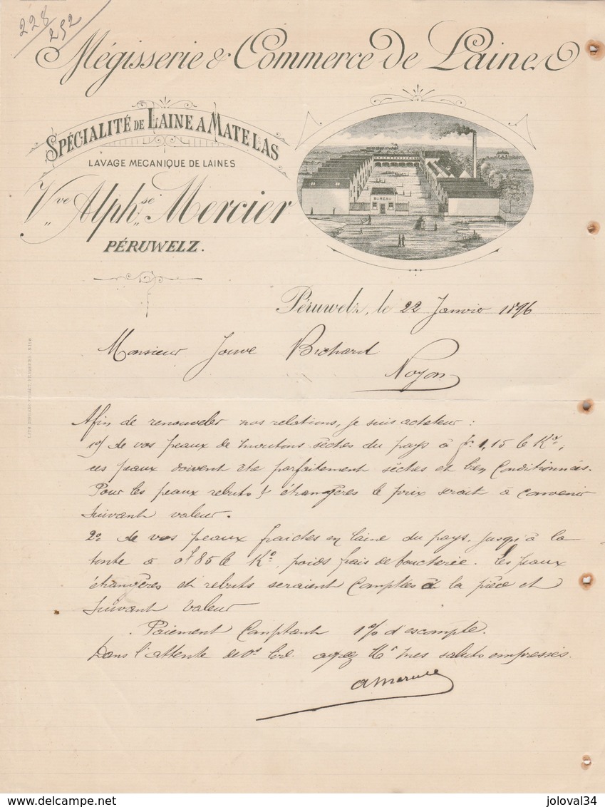 Belgique Facture Lettre Illustrée 22/1/1896 MERCIER Mégisserie Commerce Laines PERUWELZ - 1800 – 1899