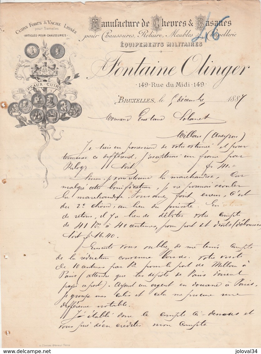 Belgique Facture Lettre Illustrée 5/12/1887 FONTAINE OLINGER Chèvres & Basanes équipements Militaires BRUXELLES - 1800 – 1899