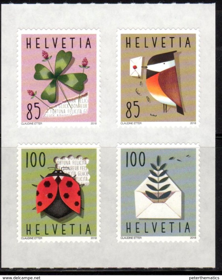 SWITZERLAND, 2018, MNH,  GOOD LUCK STAMPS, INSETS, LADYBIRDS, BIRDS, FLOWERS,4v - Other & Unclassified