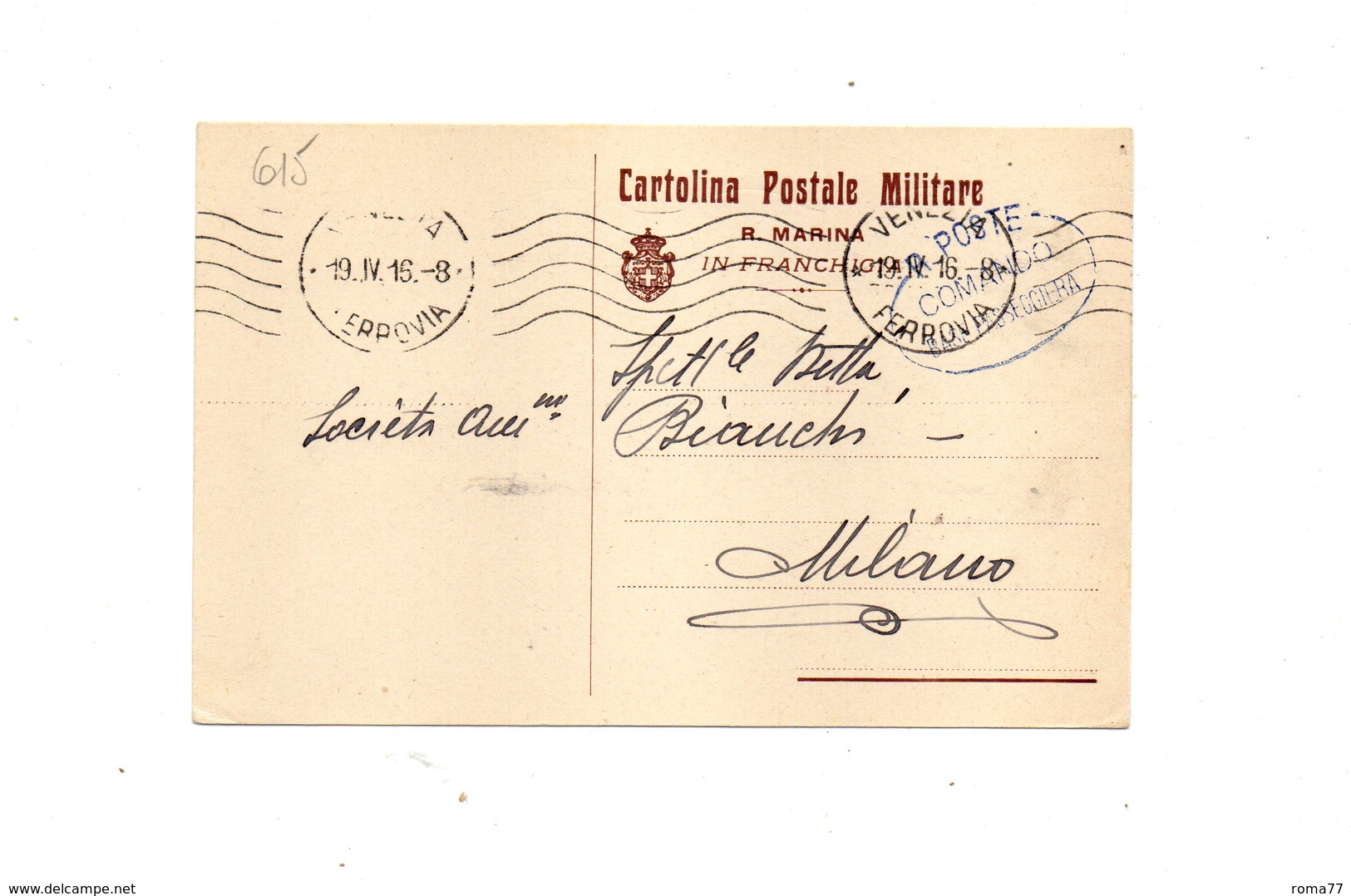LAB615- REGNO 1915 , Cartolina Postale R. Marina In Franchigia " ". - Storia Postale