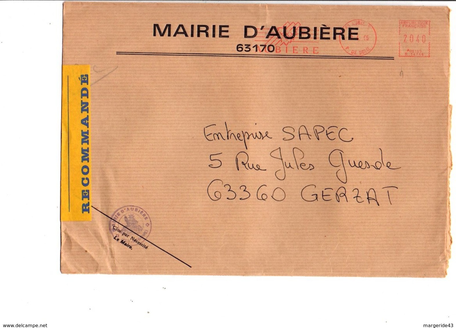 LETTRE DE MAIRIE D'AUBIERE PUY DE DOME - 1961-....