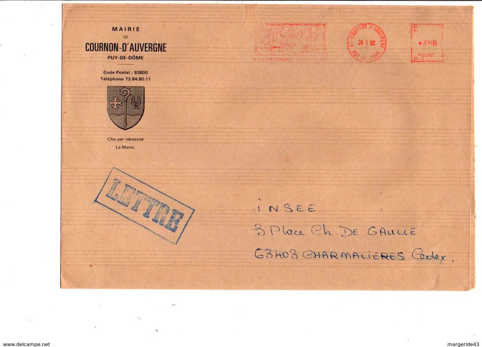 LETTRE DE MAIRIE DE COURNON D'AUVERGNE PUY DE DOME - 1961-....