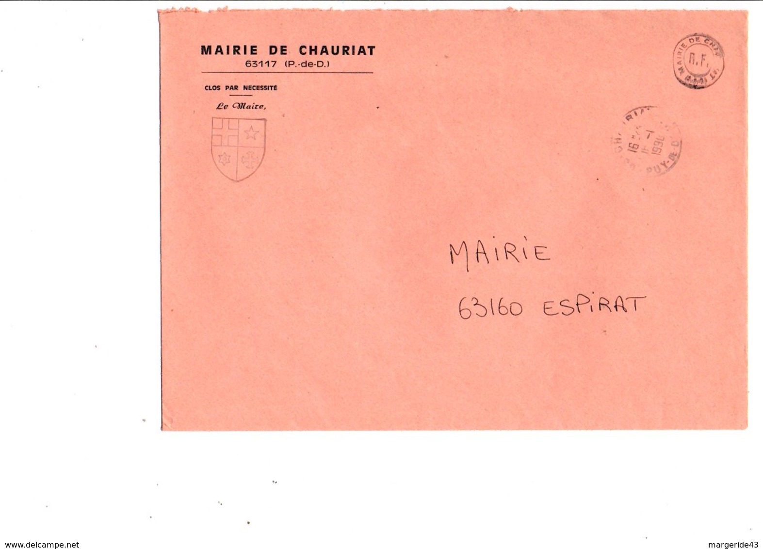LETTRE DE MAIRIE DE CHAURIAT PUY DE DOME - 1961-....