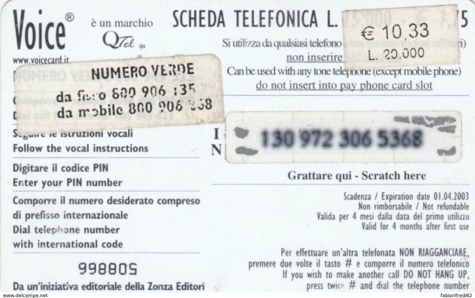 PREPAID PHONE CARD ITALIA  (PM950 - Schede GSM, Prepagate & Ricariche