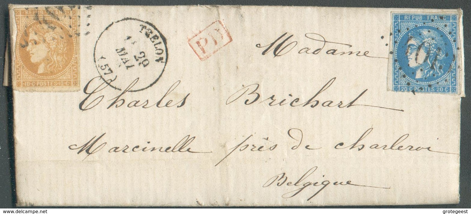 10 Et 20 Cent. BORDEAUX Obl. GC 4013 Sur Lettre De TRELON Le 29 Mai 1871 Vers Marcinelle (BE). - 13769 - 1870 Emissione Di Bordeaux