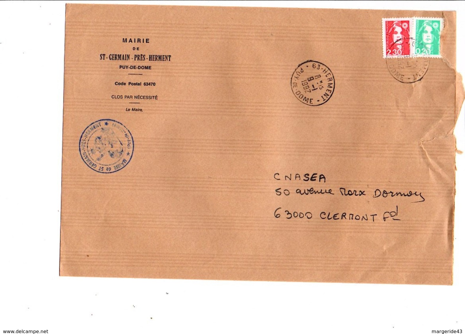 LETTRE DE MAIRIE DE SAINT-GERMAIN-PRES-HERMENT PUY DE DOME - 1961-....