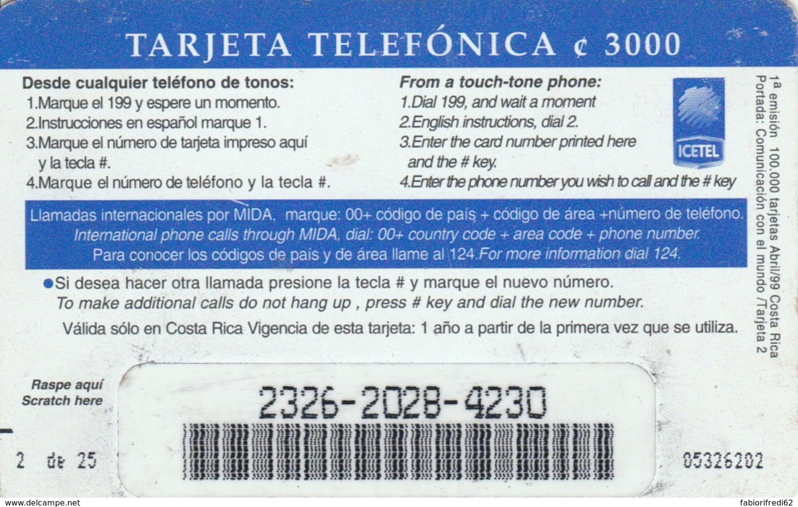 PREPAID PHONE CARD COSTARICA  (PM1475 - Costa Rica