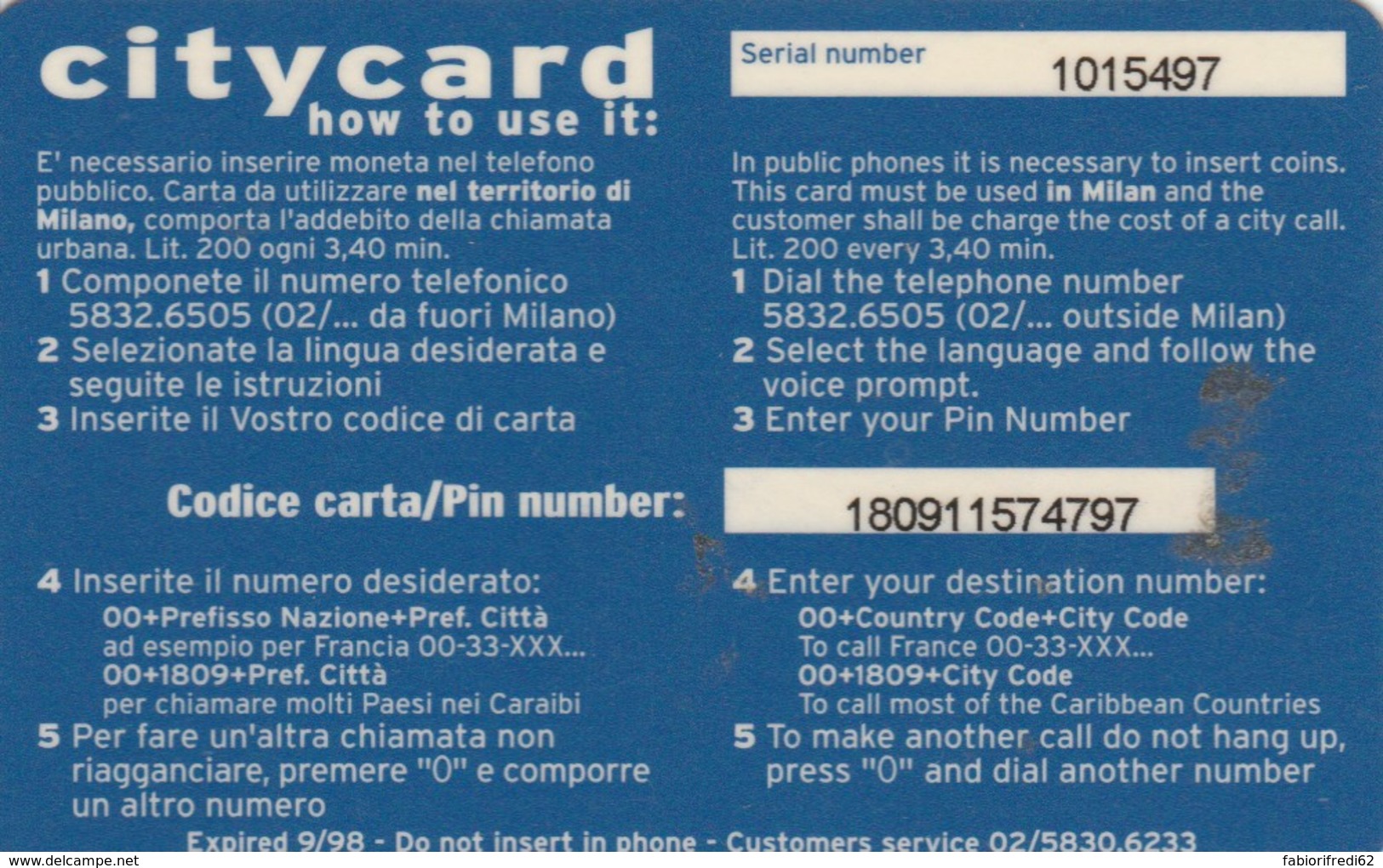 PREPAID PHONE CARD ITALIA  (PM1733 - Cartes GSM Prépayées & Recharges