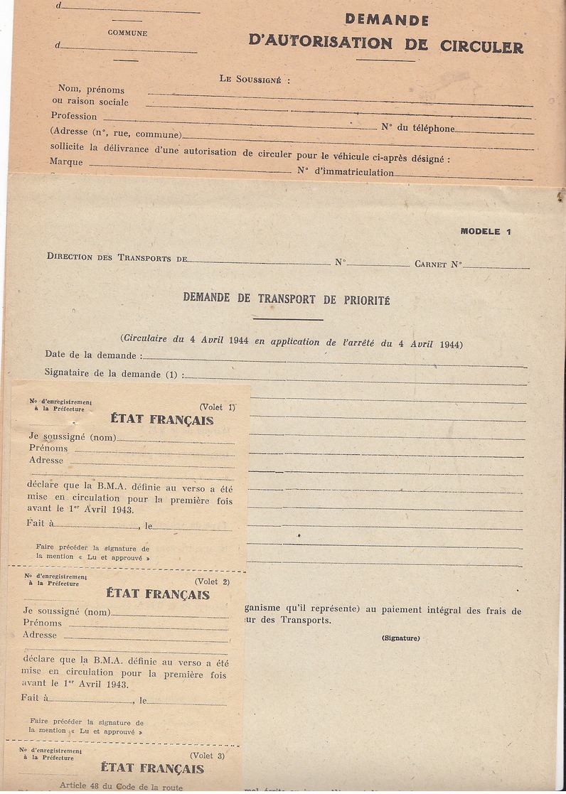 5 Documents Vierges ,demande De Laissez-passer ,de Transport....1940/45 ,2 Scans - Documents