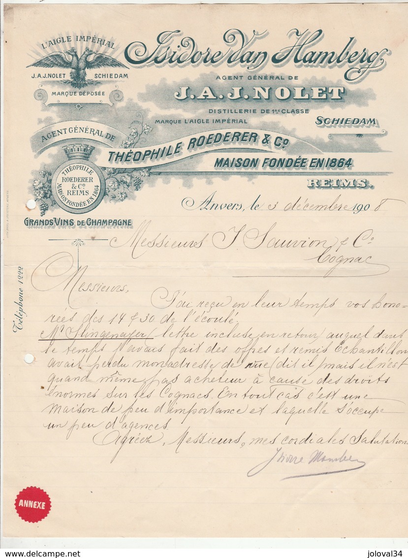 Belgique Facture Lettre Illustrée 3/12/1908 Van Hamberg Agent De NOLET Distillerie - Champagne Roederer Reims ANVERS - 1900 – 1949