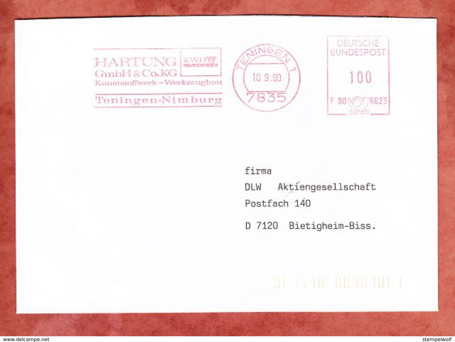 Brief, Francotyp-Postalia F90-6623, Hartung, 100 Pfg, Teningen 1990 (70598) - Maschinenstempel (EMA)
