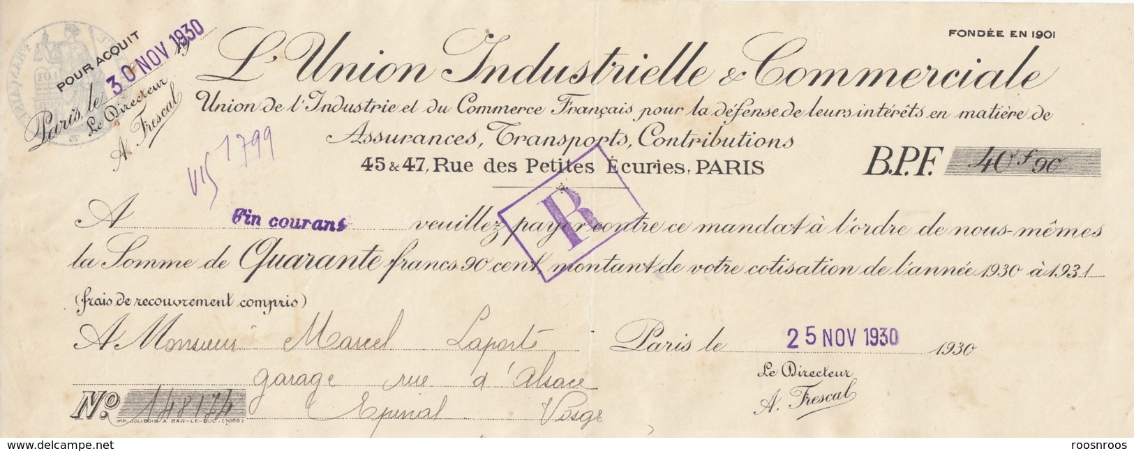 LOT DE  3 MANDATS  - UNION INDUSTRIELLE ET COMMERCIALE  - MARCEL LAPORTE  GARAGISTE EPINAL VOSGES - MARQUES FISCALES - Briefe U. Dokumente