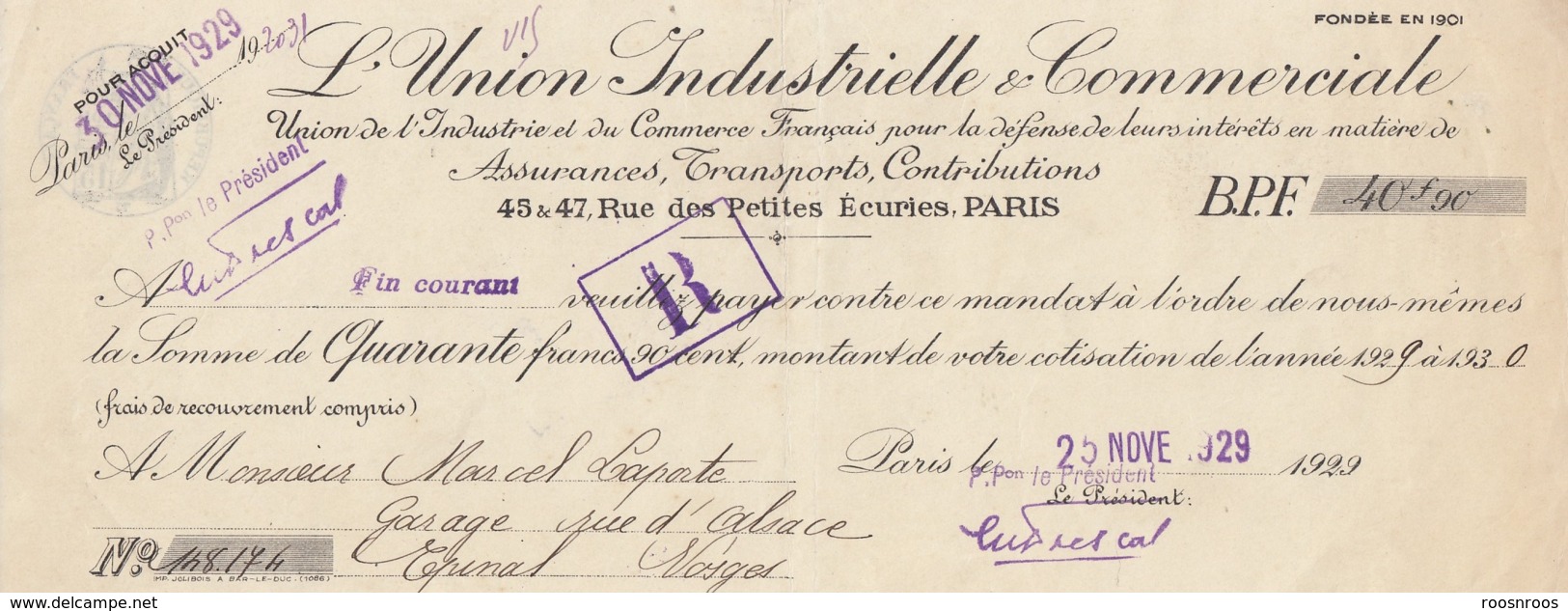 LOT DE  3 MANDATS  - UNION INDUSTRIELLE ET COMMERCIALE  - MARCEL LAPORTE  GARAGISTE EPINAL VOSGES - MARQUES FISCALES - Storia Postale