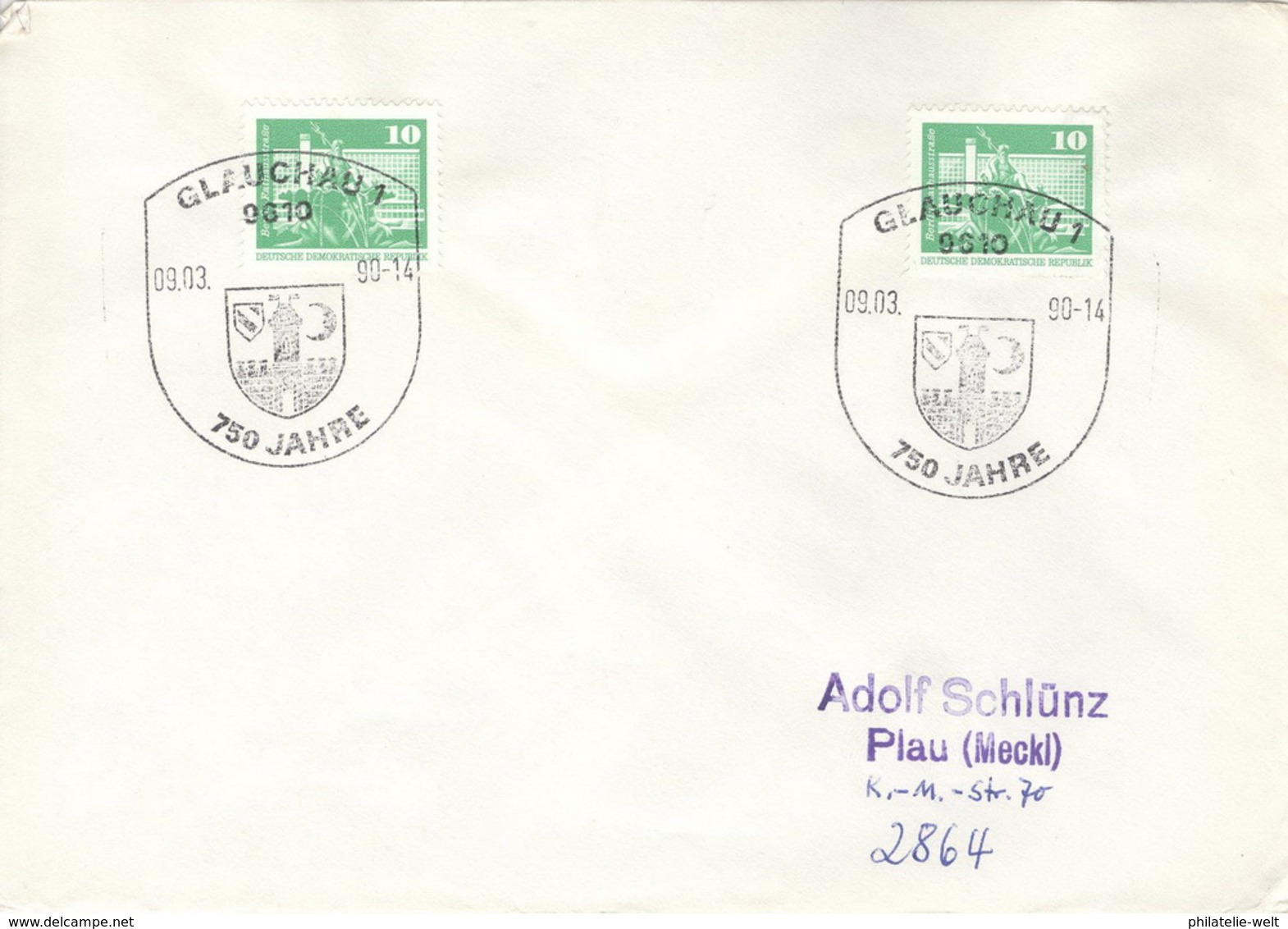 DDR Beleg Mit Sonderstempel Glauchau 750 Jahre 1990 - Machines à Affranchir (EMA)