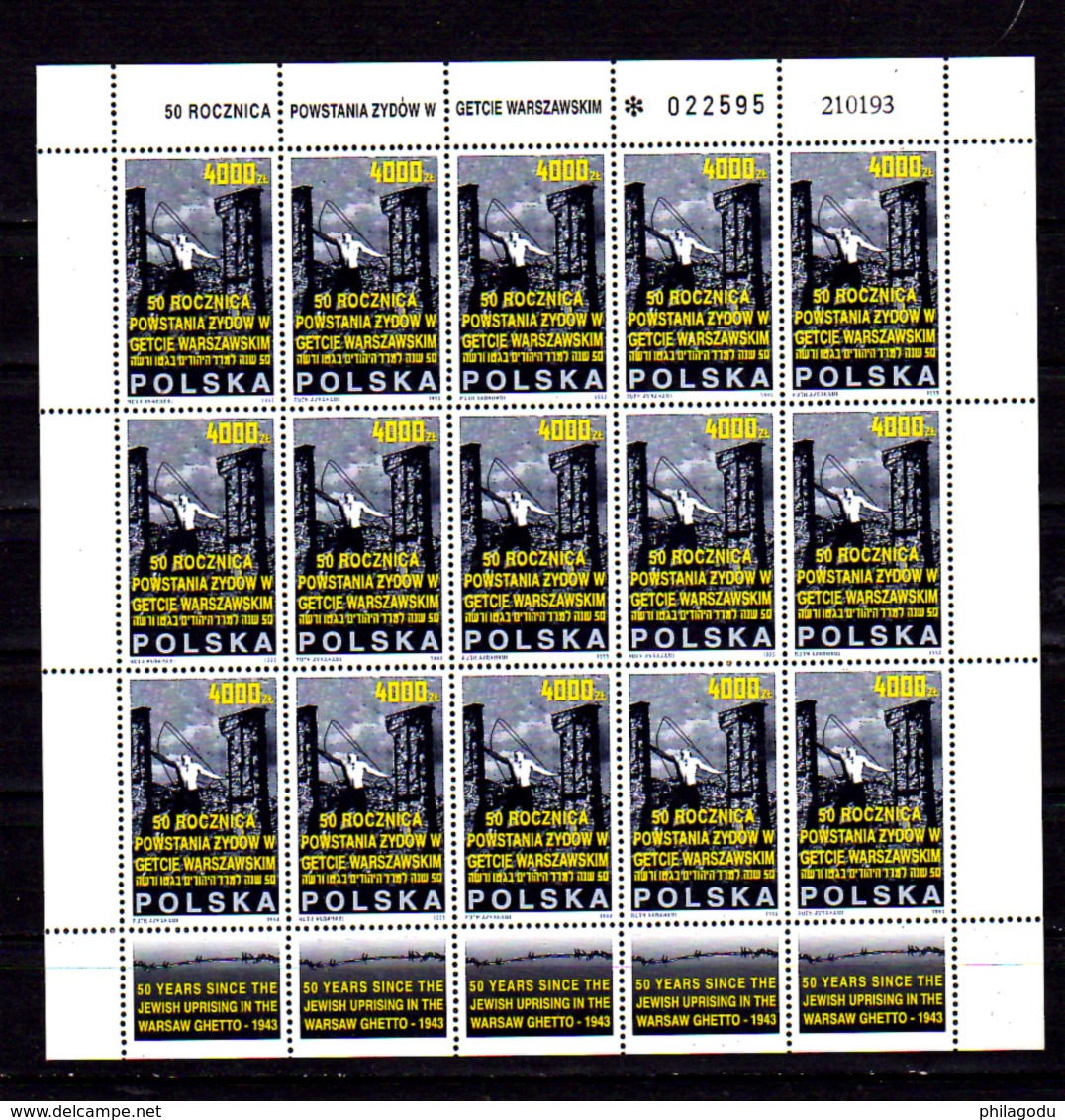 1993   Pologne, 50° Du Soulèvement Du Ghetto De Varsovie, 3241**, 2 Feuillets De 15, Cote 36 €, - Hojas Completas