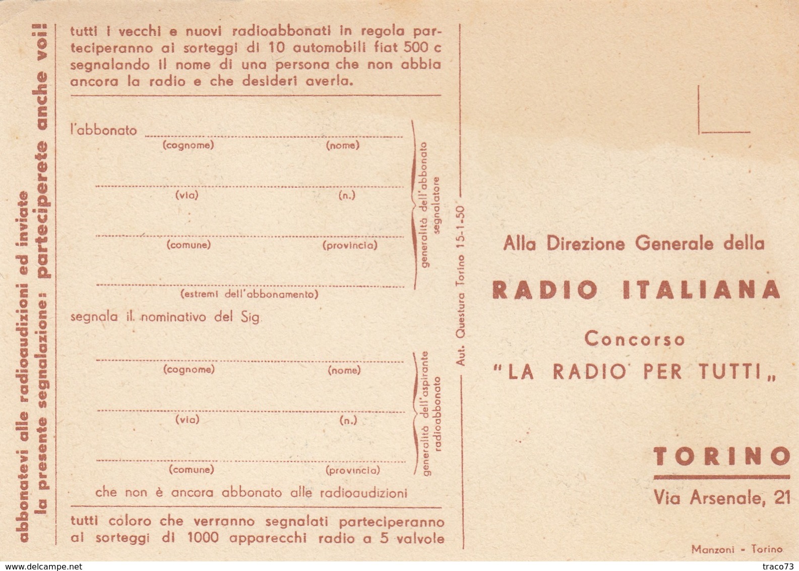 LOTTERIE _ 15.1.1950  /   Concorso " LA RADIO PER TUTTI " _ Verranno Sorteggiati 10 Fiat 500 E 1000 Apparecchi Radio - Altri & Non Classificati