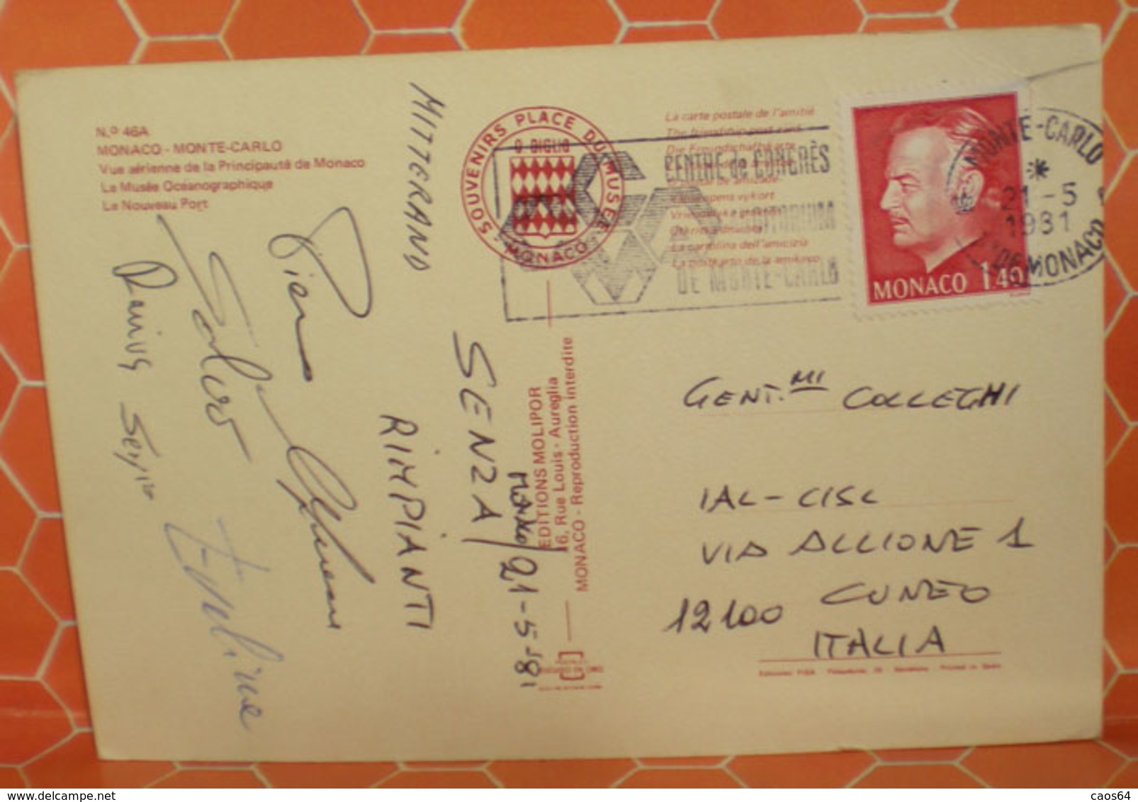 1981 Monaco Storia Postale Targhetta Centre De Congres Su  Cartolina - Brieven En Documenten