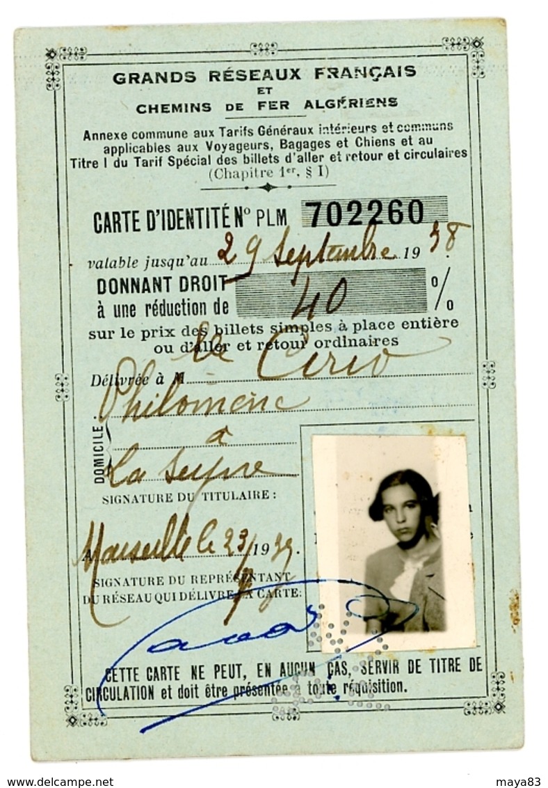 CARTE D IDENTITE CHEMINS DE FER ALGERIENS  DE 1938 - Autres & Non Classés