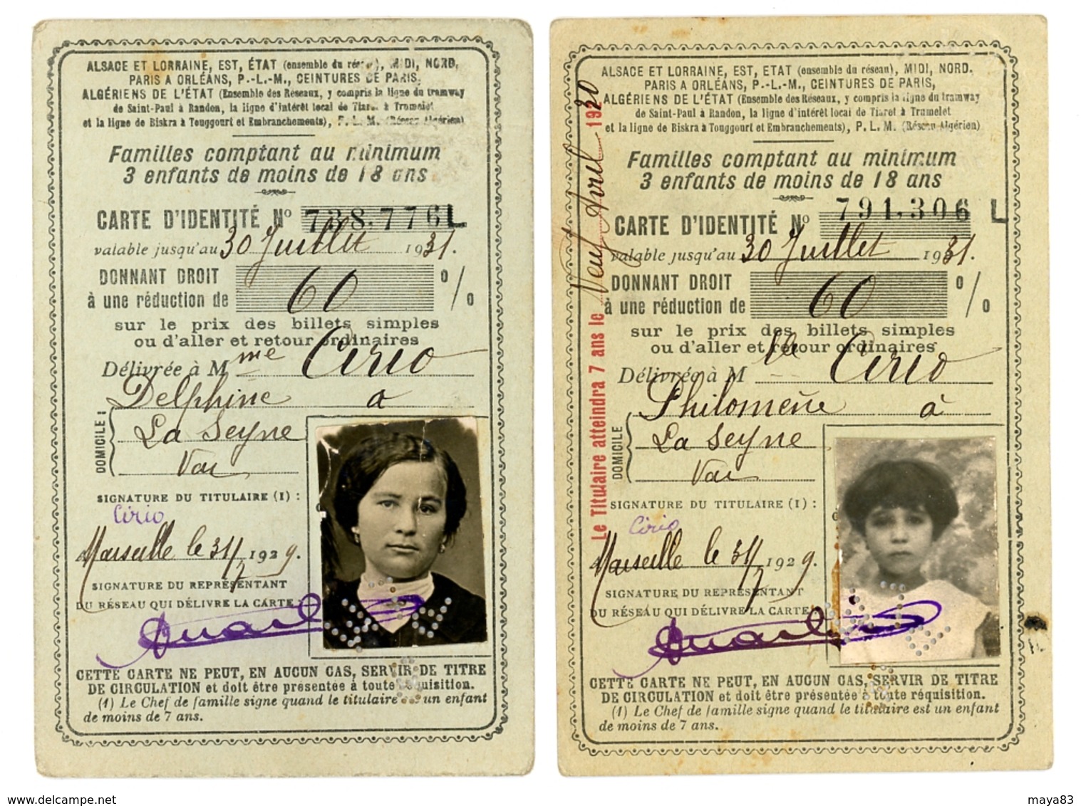 LOT DE 2 CARTES D IDENTITE CHEMINS DE FER  FAMILLE NOMBREUSE  DE 1931 ET 1924 - Autres & Non Classés