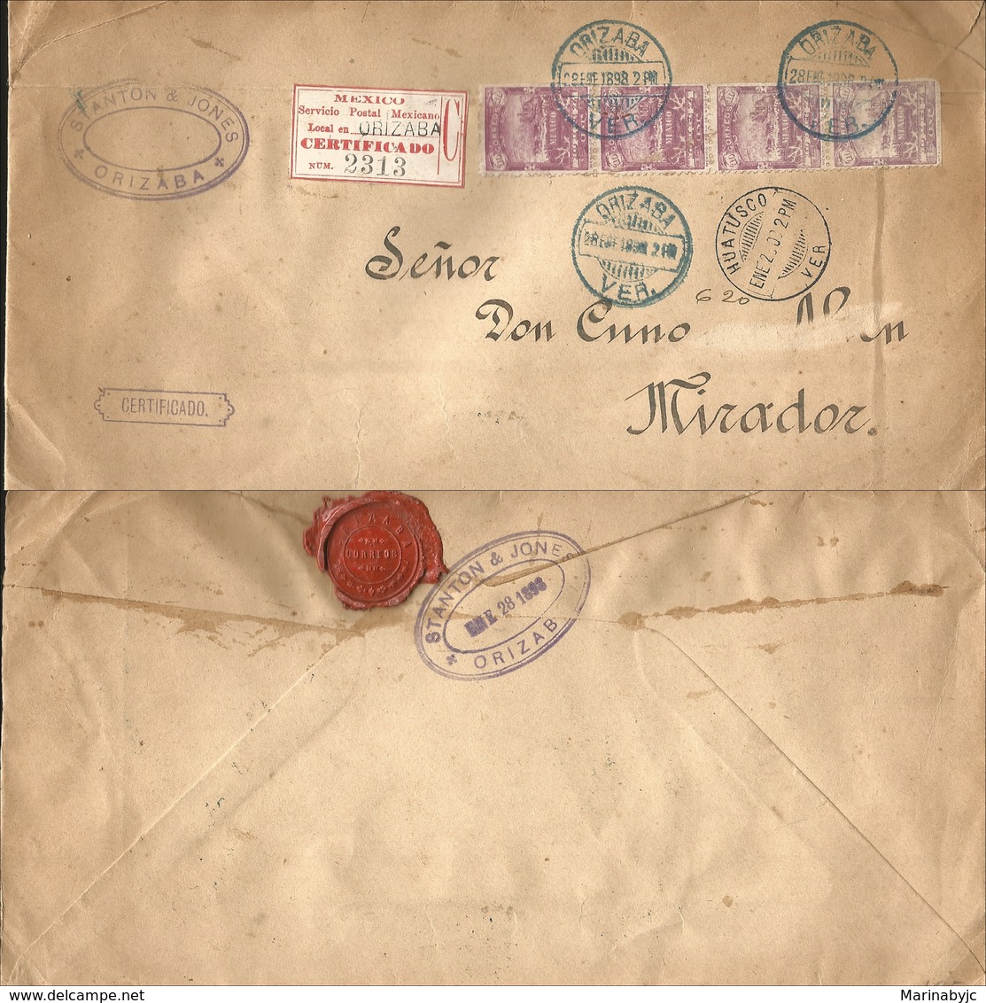 J) 1898 MEXICO, MAIL COACH, STRIP OF 4, CERTIFICATED, MULTIPLE STAMPS, AIRMAIL, CIRCULATED COVER, FROM MEXICO TO VERACRU - Mexico