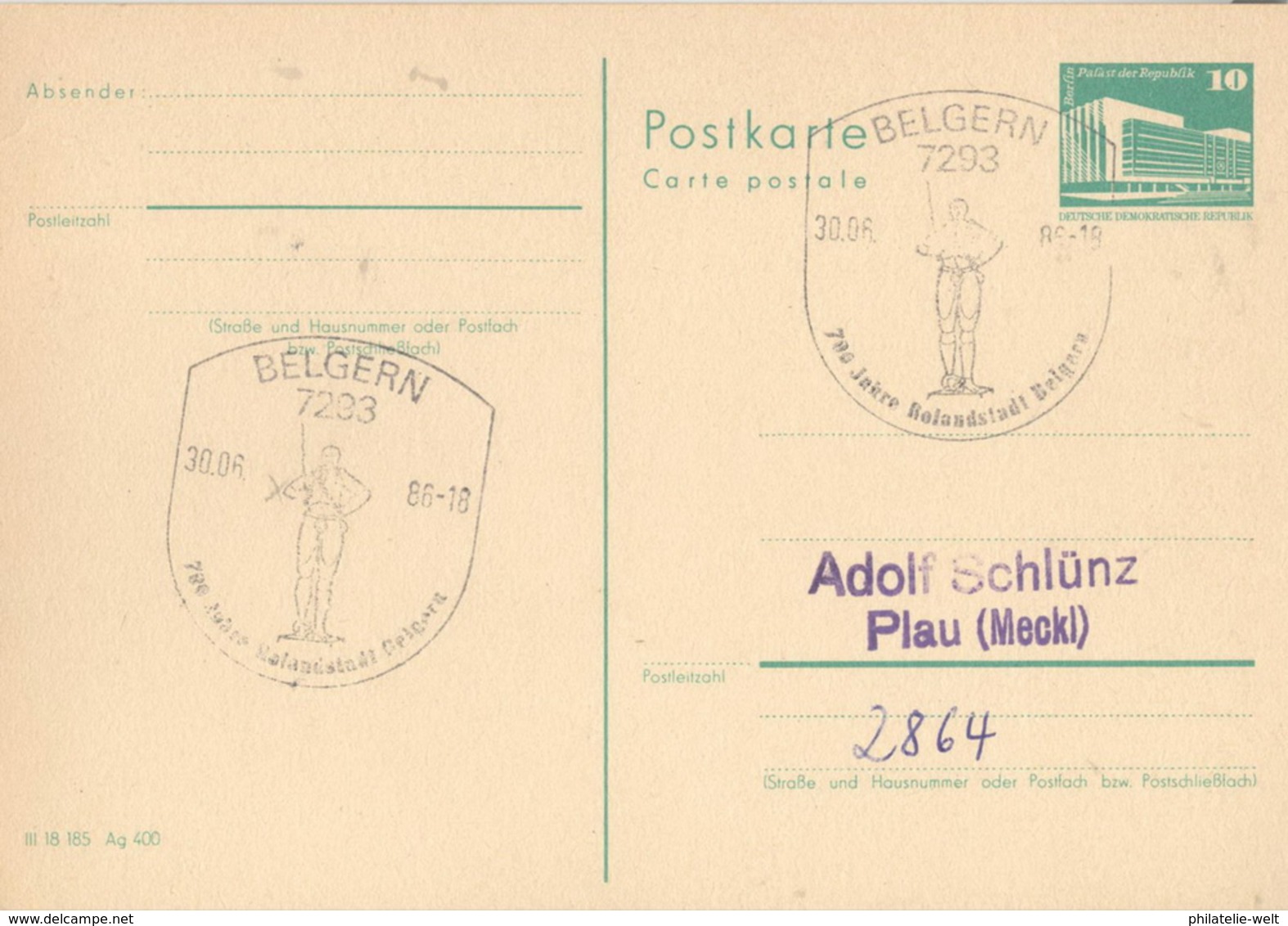 DDR Beleg Mit Sonderstempel Belgern 700 Jahre Rolandstadt 1986 - Machines à Affranchir (EMA)