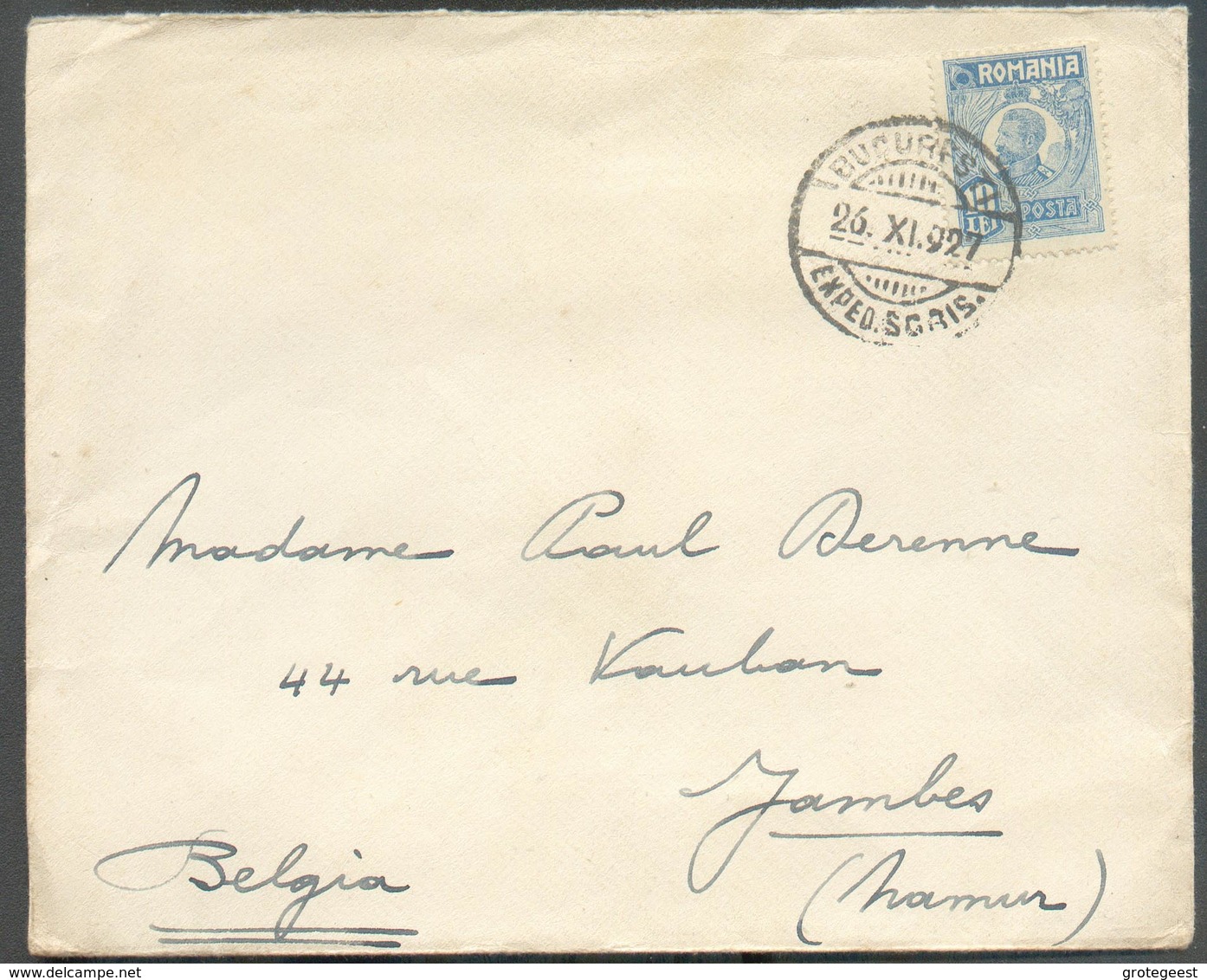 10 Lei Obl. Dc BUCURESTI EXPED.SCRIS. Sur Enveloppe Du 23-XI-1927 Vers Jambes (BE). - 13770 - Lettres & Documents