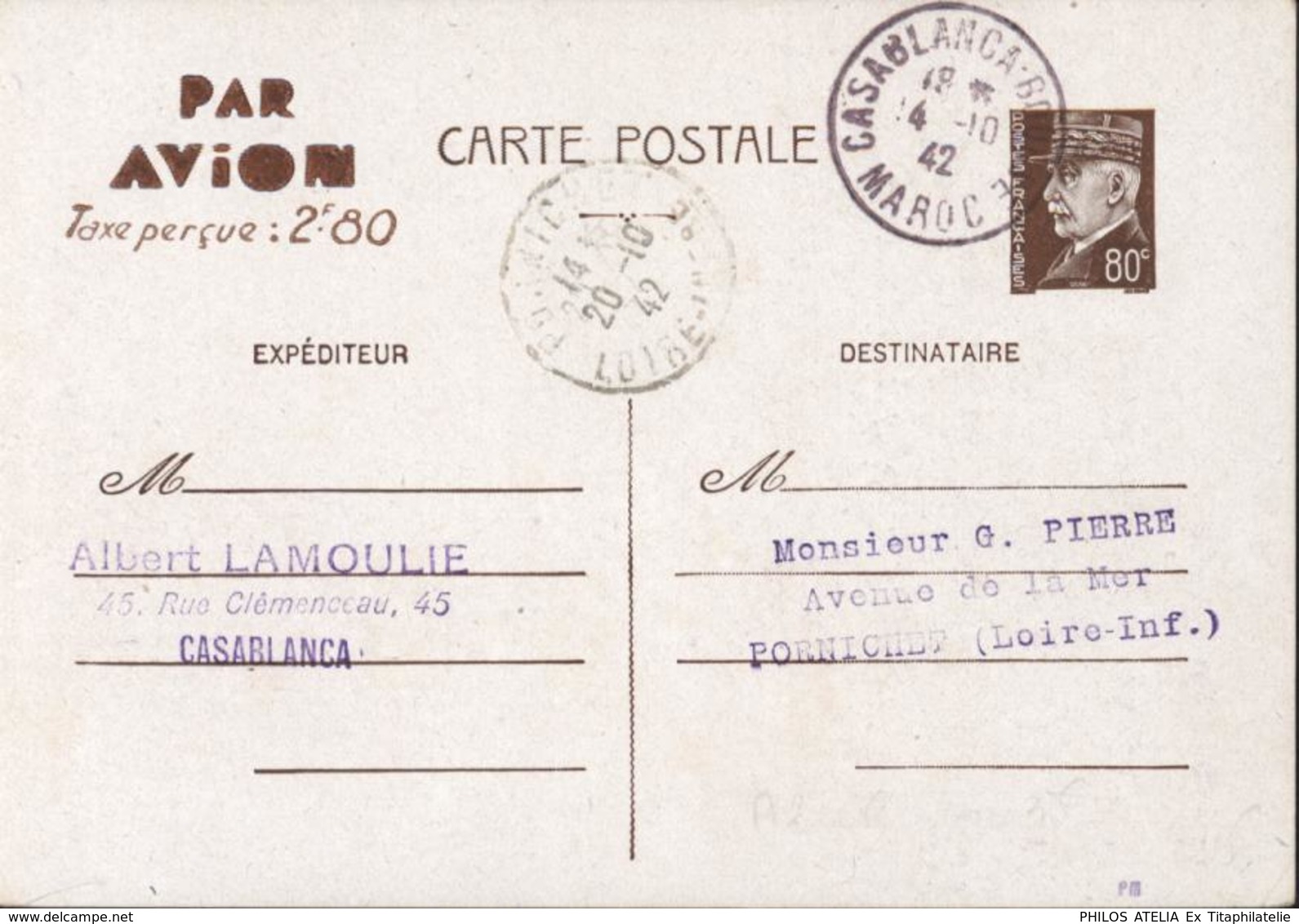 Entier Petain 0.8c Brun Avec Surtaxe Par Avion Taxe Perçue 2F8 CAD Casablanca Bourse Maroc 4 10 42 Arrivée Pornichet - Standard Postcards & Stamped On Demand (before 1995)