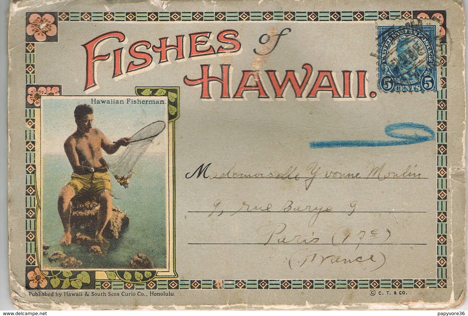 HAWAII - Carte Dépliante-The Waikiki Aquarium Honolulu - Hawaiian Fisherman-Affranchie 5 Cents F.Roosevelt 1920-Poissons - Autres & Non Classés