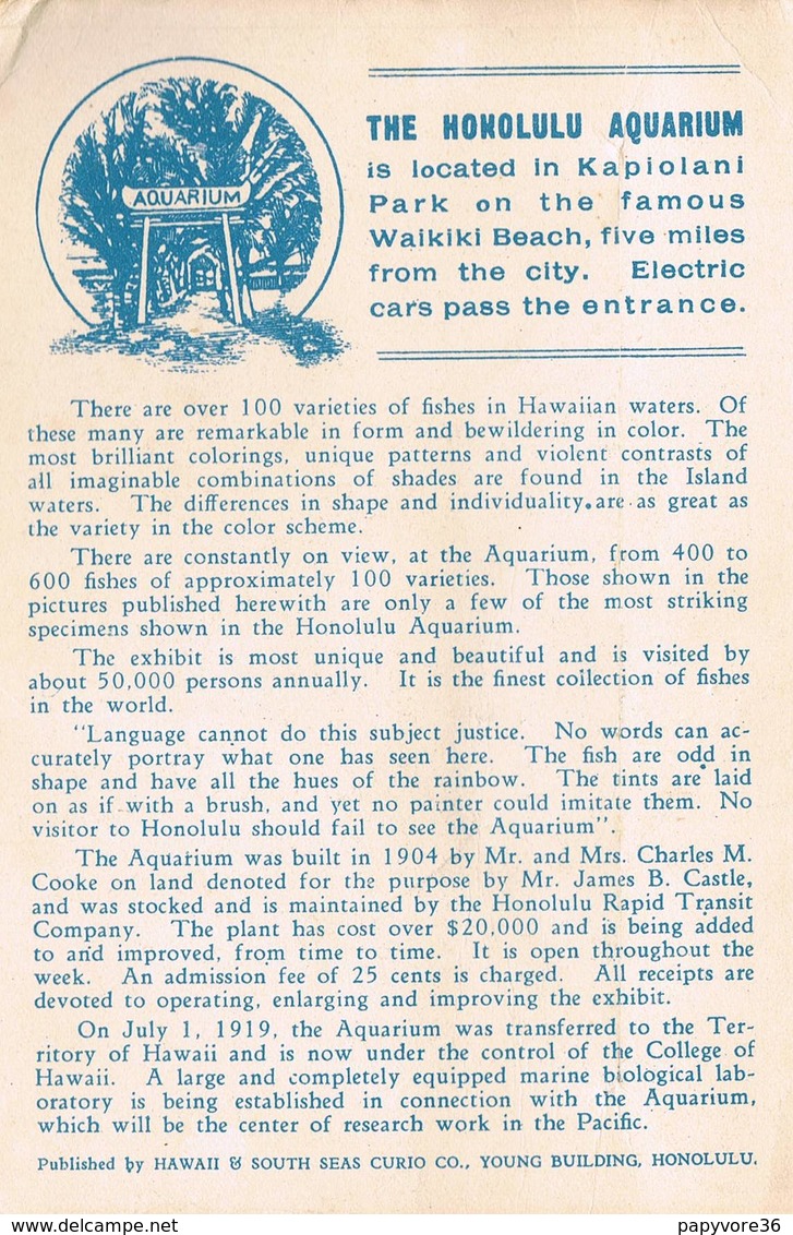 HAWAII - Carte Dépliante-The Waikiki Aquarium Honolulu - Hawaiian Fisherman-Affranchie 5 cents F.Roosevelt 1920-Poissons