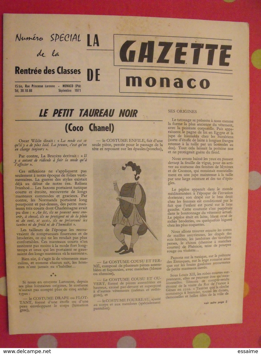 La Gazette De Monaco. 1971. Coco Chanel Yoga  Gastronomie Mata Hari - Côte D'Azur