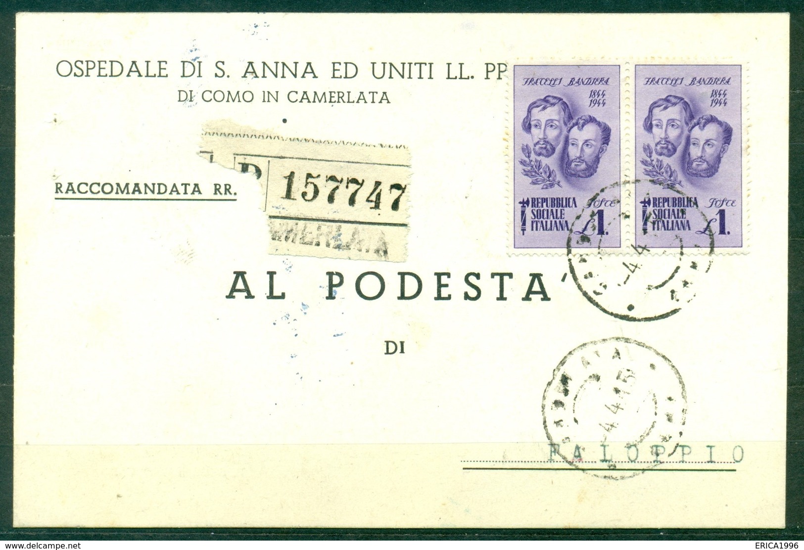 Z865 ITALIA RSI 1945 Cartolina Commerciale Raccomandata Affrancata Con F.lli Bandiera 1 L. Coppia, Da Camerlata (CO) - Storia Postale