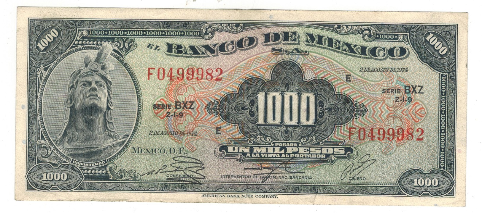 Mexico 1000 Pesos 1974. XF/AUNC. Green Seal - Mexique