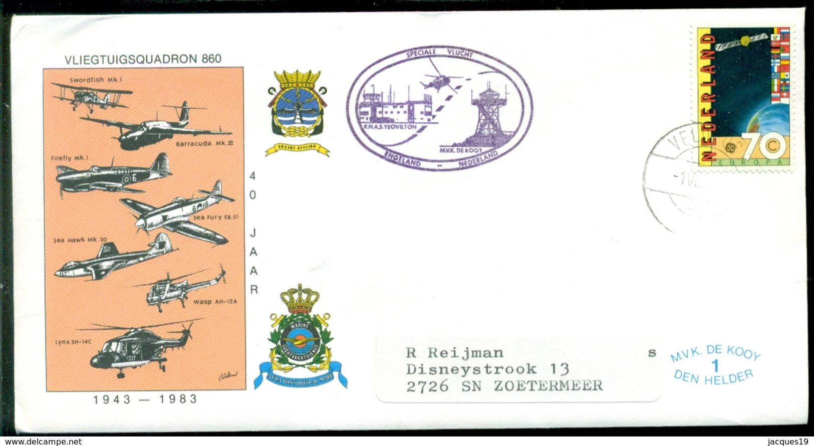 Nederland 1983 Speciale Envelop Vlucht R.N.A.S. Yeovilton - M.V.K. De Kooy Squadron 860 - Lettres & Documents