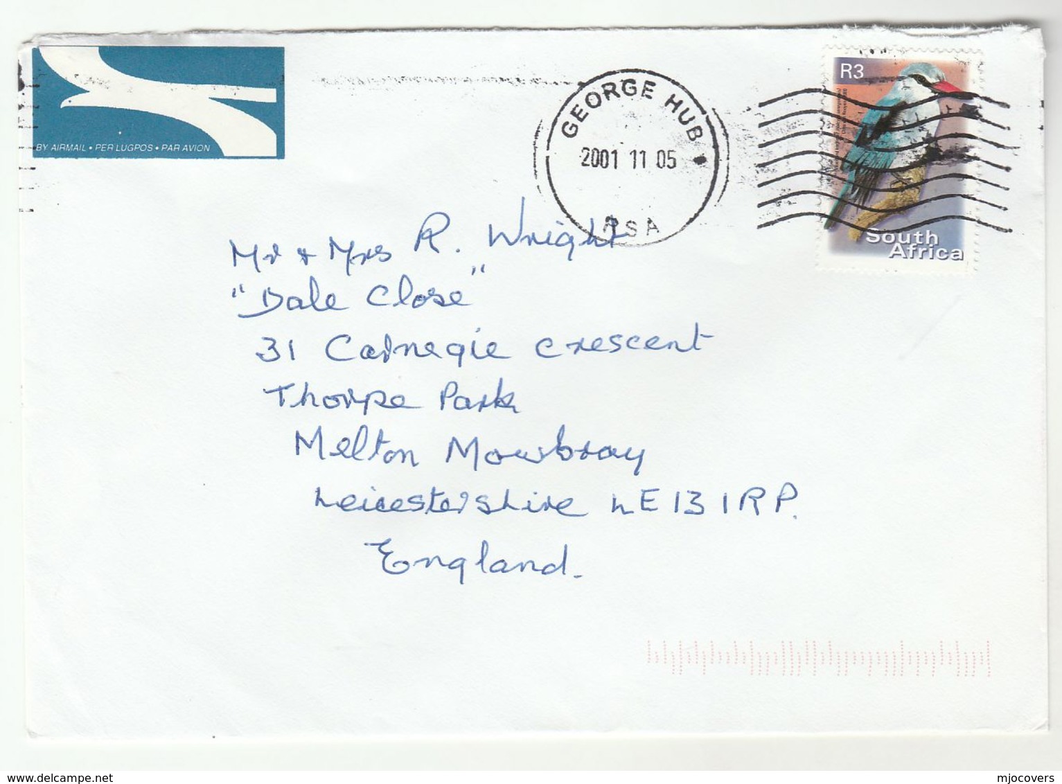 2005 GEORGE HUB South Africa  Air Mail COVER To GB R3 BIRD Stamps - Covers & Documents