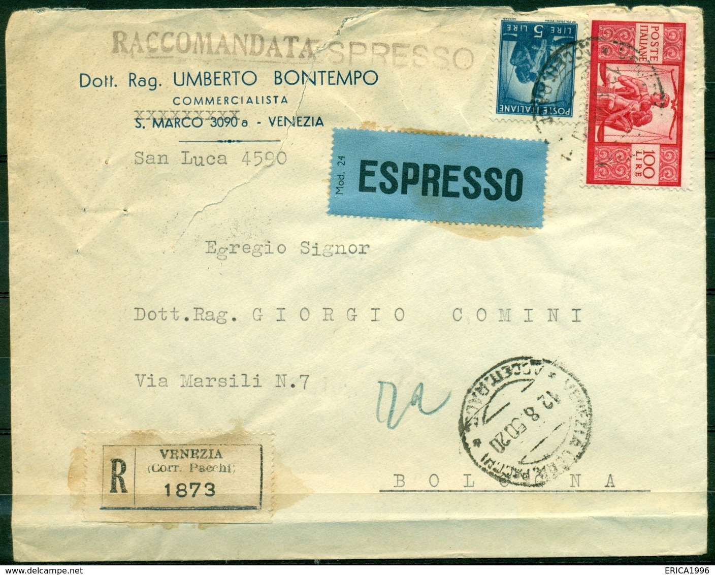 V7870 ITALIA 1950 REPUBBLICA Raccomandata Espresso Affrancata Con Democratica 100 L.+ 5 L.da Venezia 12.8.50 Per Bologna - 1946-60: Storia Postale