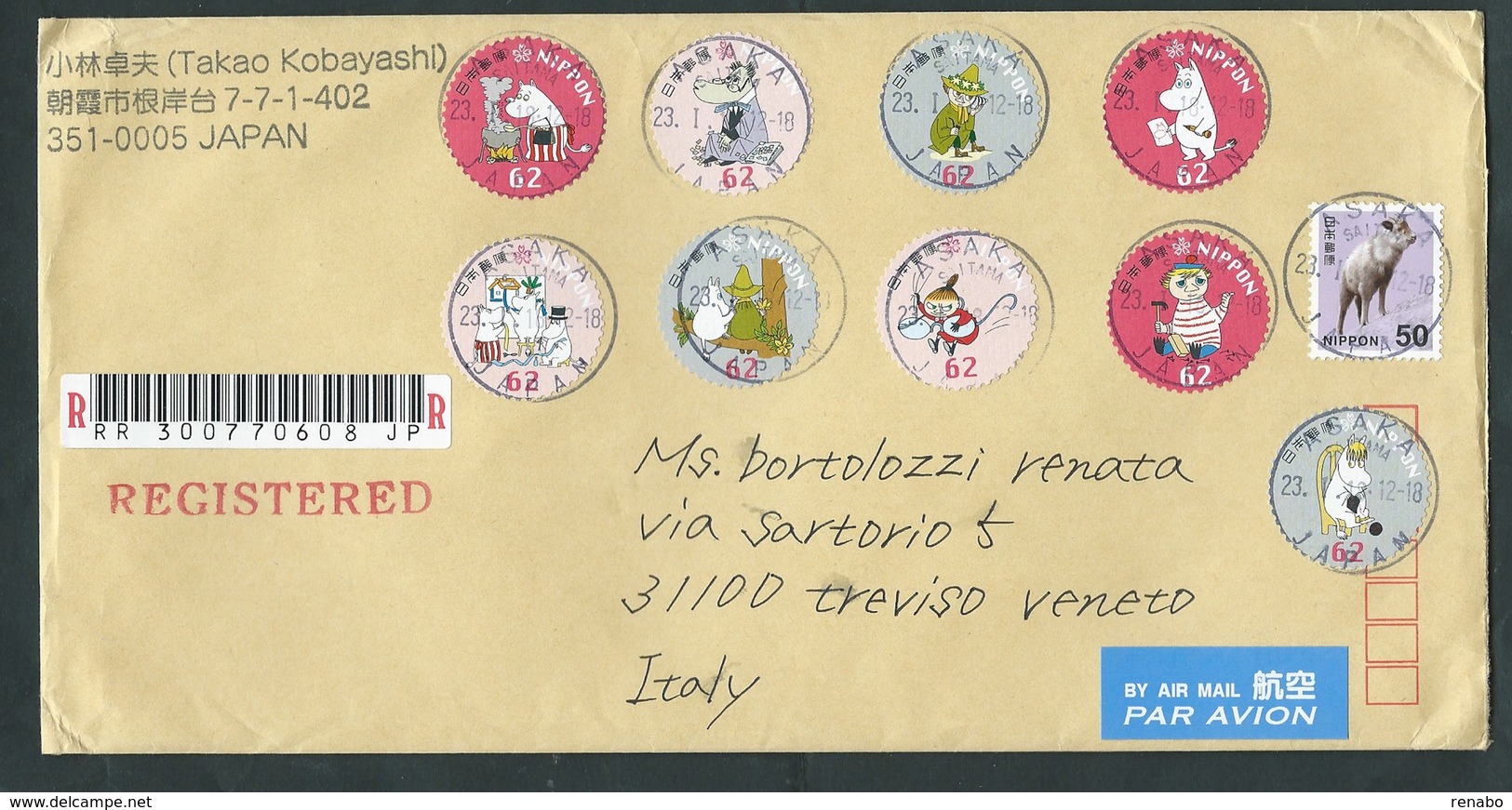 Japan, Japon, Giappone 2018; Registered Cover To Italy With 7 Moomins + Chèvre - Storia Postale