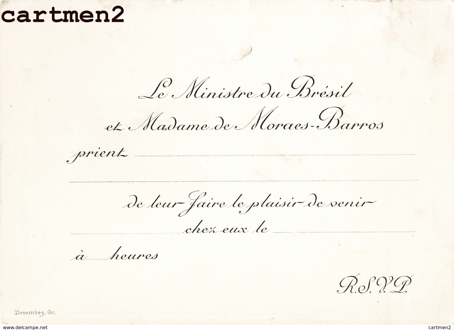 BRESIL CARTE D'INVTATION DU MINISTRE DU BRESIL MORAES-BARROS PAR DEVAMBEZ BRAZIL - Autres & Non Classés