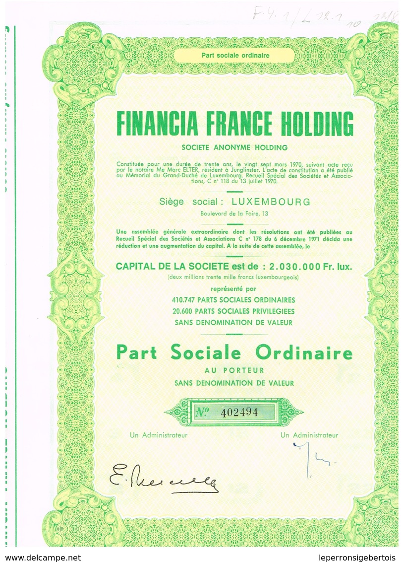 Titre Ancien - Financia France Holding Société Anonyme - Titre De 1970 - - Banque & Assurance