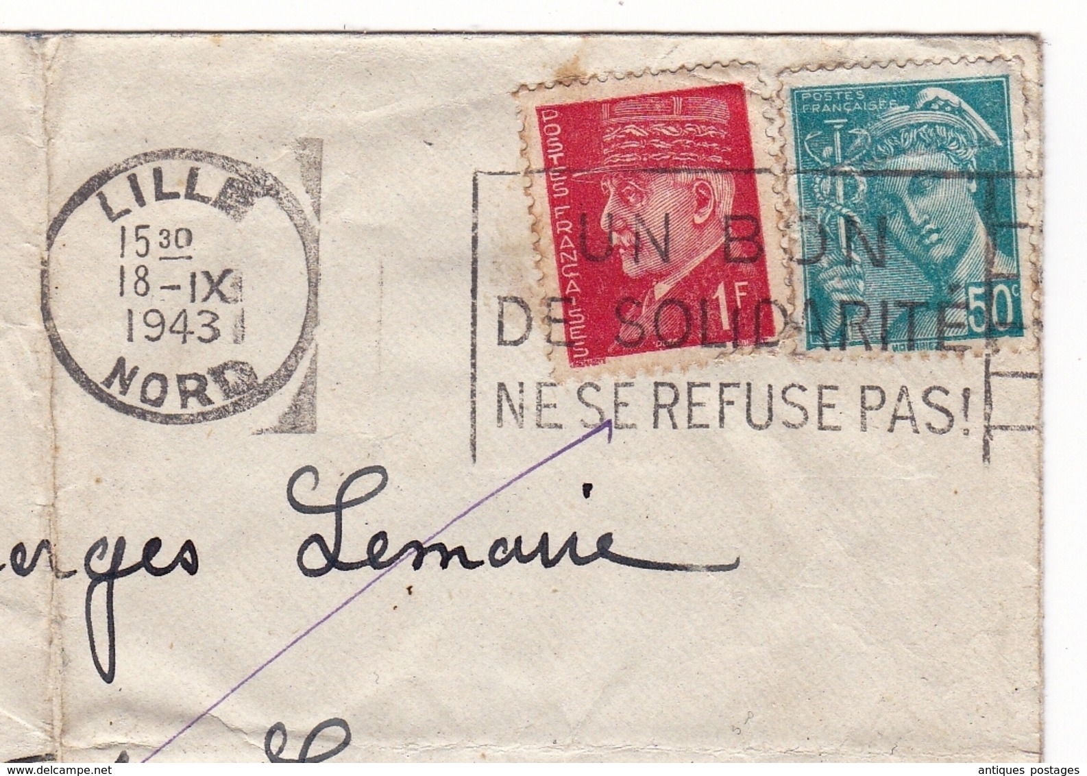 Lettre Lille Nord 1943 Pétain + Mercure Retour à L'Envoyeur 3855 Flamme " Un Bon De Solidarité Ne Se Refuse Pas " - 1941-42 Pétain