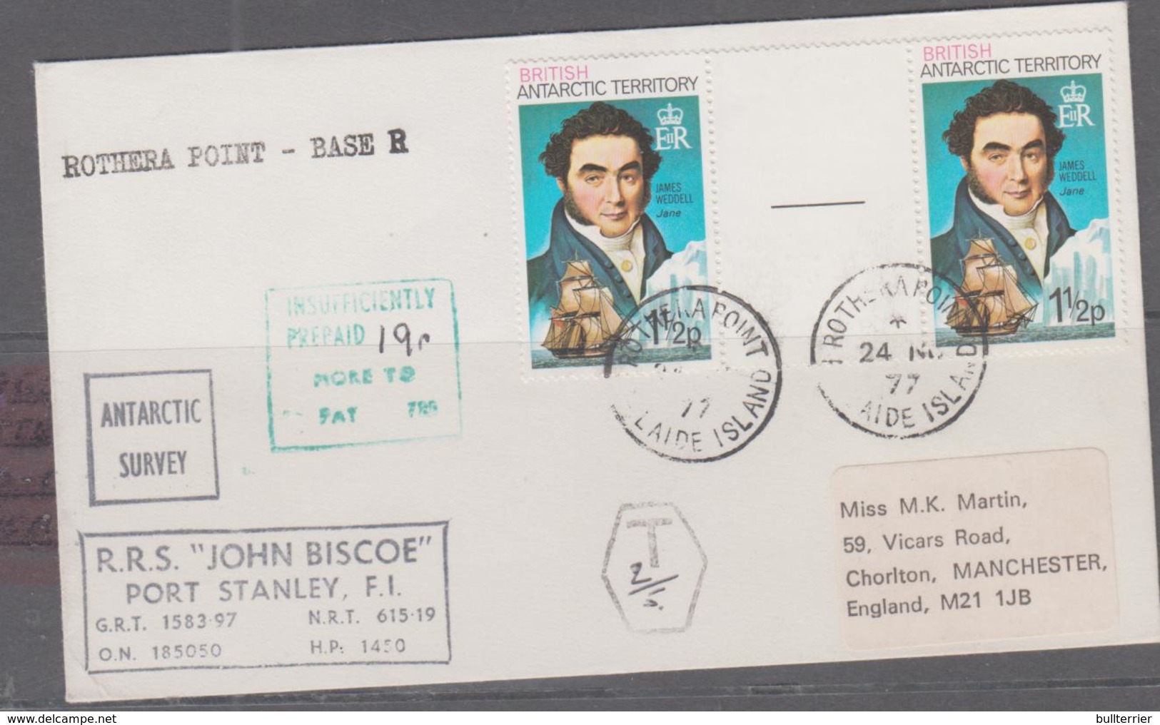 BRIT ANTARCTIC TERRITORY-1977-6 JOHN BISCOE COVER TO ENGLAND,ROTHERA POINT  POSTMARKS,TAX TO PAY - Covers & Documents
