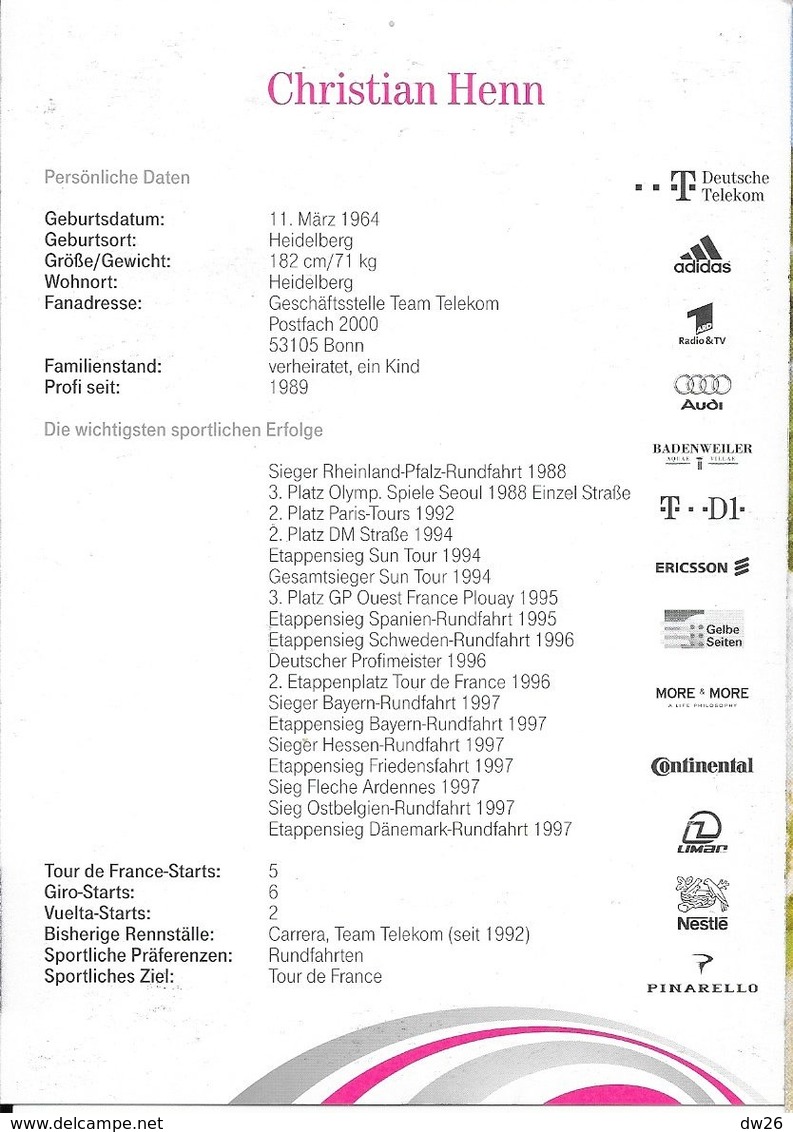 Cycliste: Christian Henn, Equipe De Cyclisme Professionnel: Team Deutsche Telekom, Allemagne 1998, Palmarès - Sport