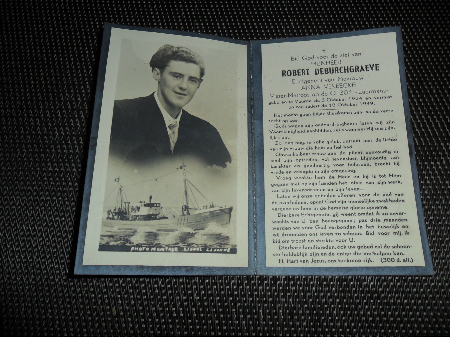 Doodsprentje ( G 823 )  Visser - Matroos Robert Deburchgraeve / Vereecke Op Schip O.304 " Laermans " Vermist Op Zee 1949 - Overlijden