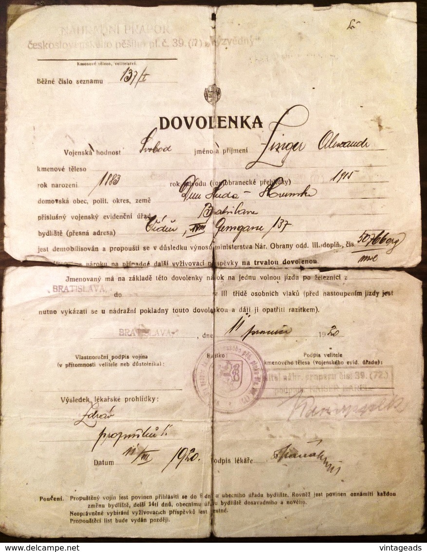 AD175 Urlaubsschein Bataillon Infantrie-Regiment 39 "Vyzvedny", Bratislava 1920 - Historische Dokumente