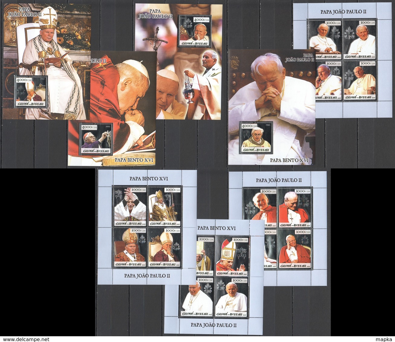 J198 !!! SILVER 2005 GUINE-BISSAU RELIGION POPE JOHN PAUL II BENOIT XVI 4KB+4BL MNH - Popes